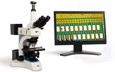 TIM5 metallurgical microscope and monitor showing close up of sample