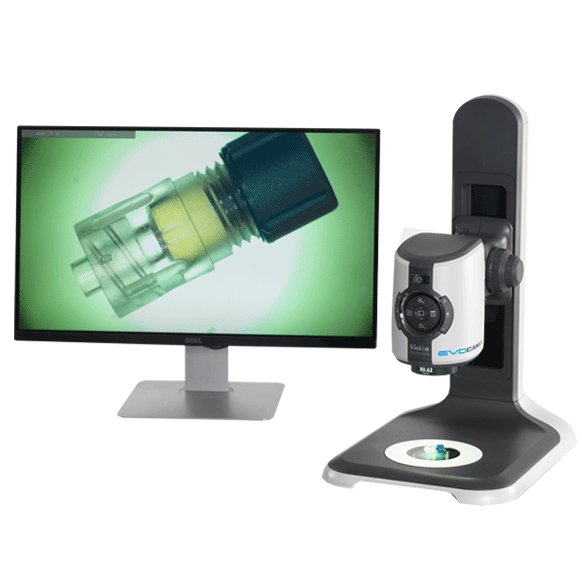 EVO Cam II digital microscope next to monitor showing component inspection