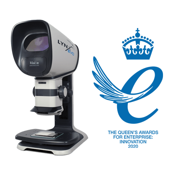 Lynx EVO ergonomic stereo microscope with Queens Award blue logo