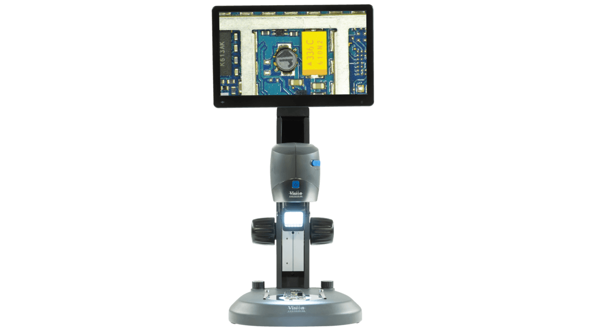 Microscope numérique compact VE Cam avec moniteur monté sur support d'établi