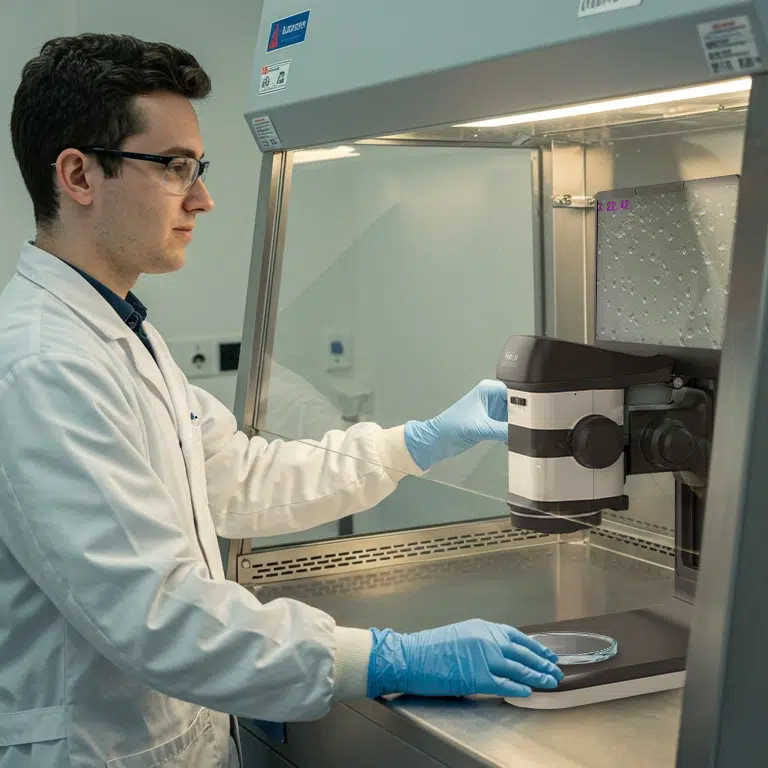 VE_VISO_Image3_2025.08-768×768 Microscope stéréo numérique 3D ProteQ VISO utilisé par l'homme dans une hotte à flux laminaire